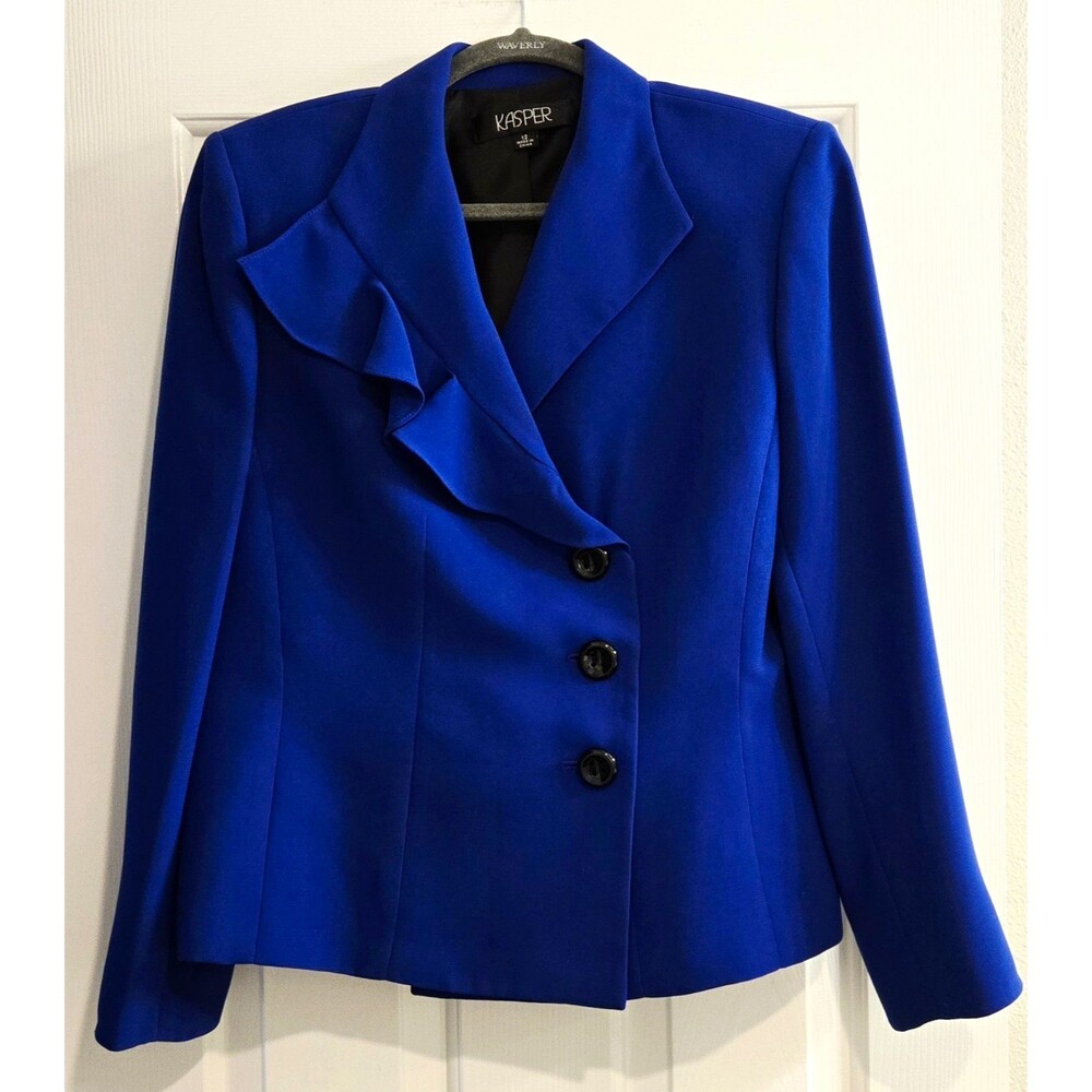 KASPER Ruffle Blazer Jacket Sz 12 Royal Cobalt Blue Asymmetric Business Crepe